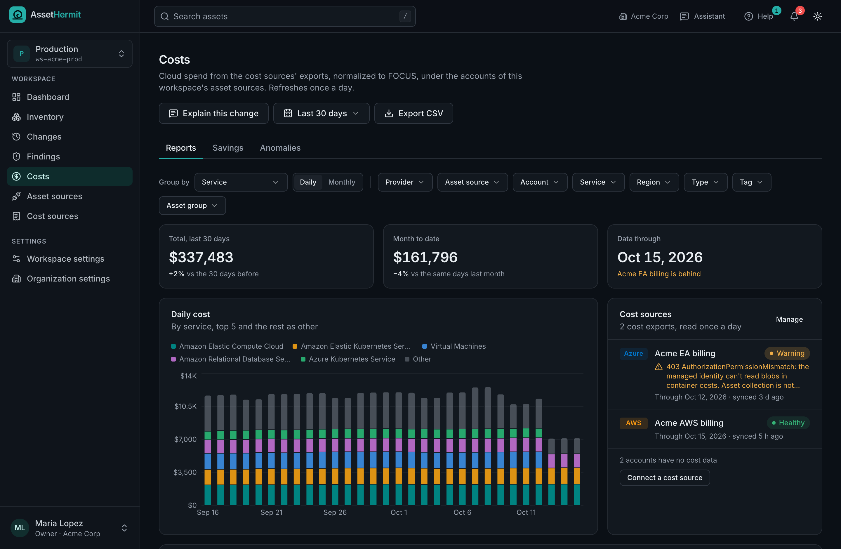 The Costs page: the last 30 days' daily cost by service, across AWS and Azure, with totals and each cost source's sync status